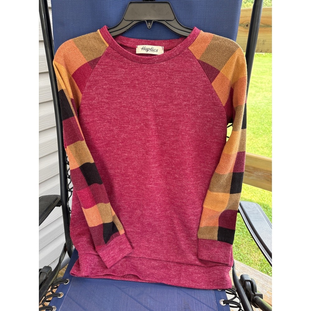 Haptics Womens Small Magenta Plaid Raglan Sleeve Pullover Top Made in USA